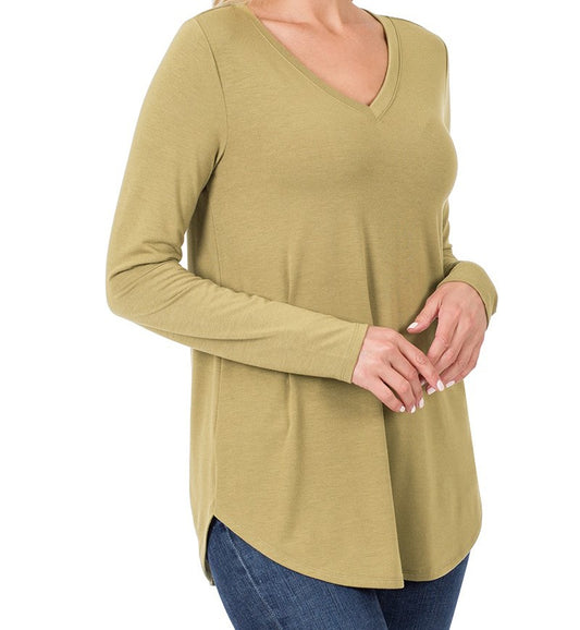 KHAKI LONG SLEEVE V-NECK ROUND HEM TOP