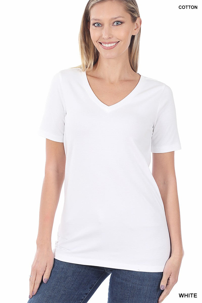 White Cotton V Neck Tee