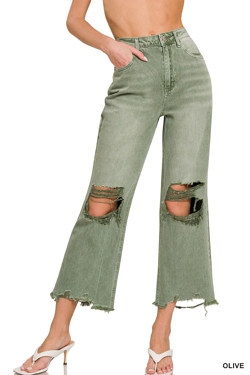 WASHED DISTRESSED KNEE AND HEM CROPPED PANTS