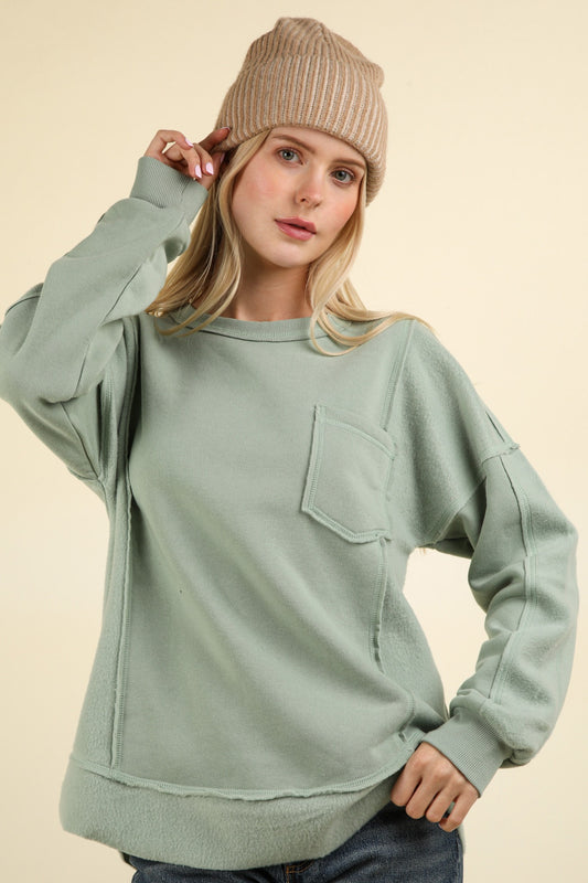 Sage Contrast French Terry Knit Oversized Casual Top