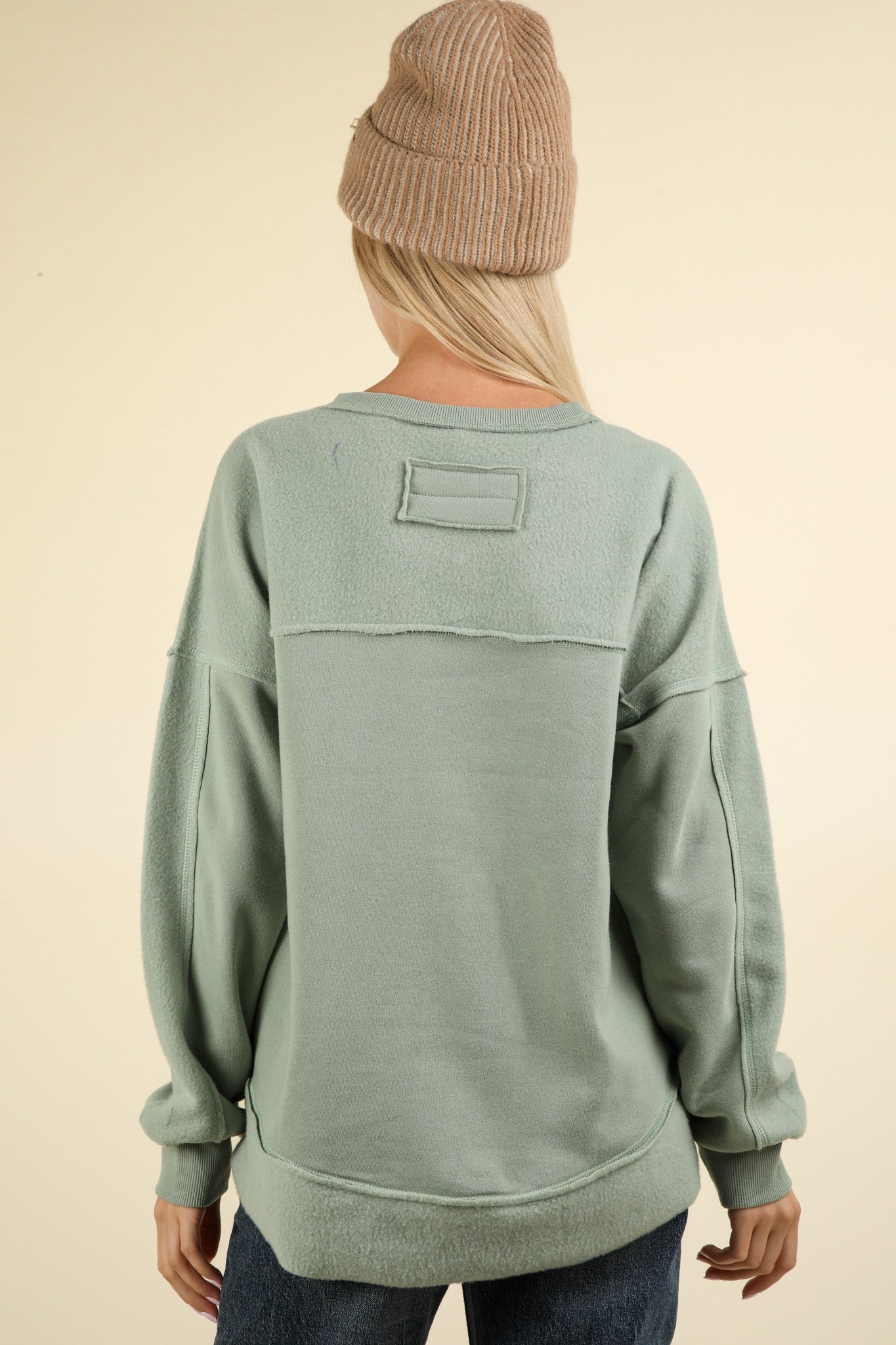 Sage Contrast French Terry Knit Oversized Casual Top