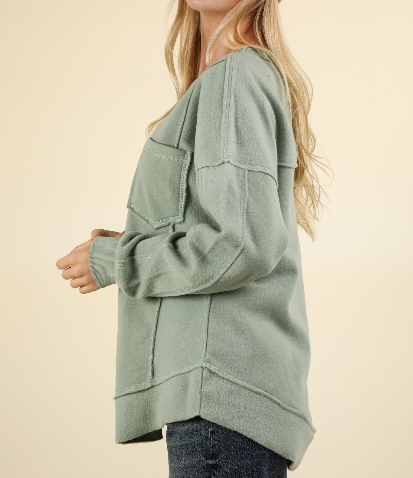 Sage Contrast French Terry Knit Oversized Casual Top