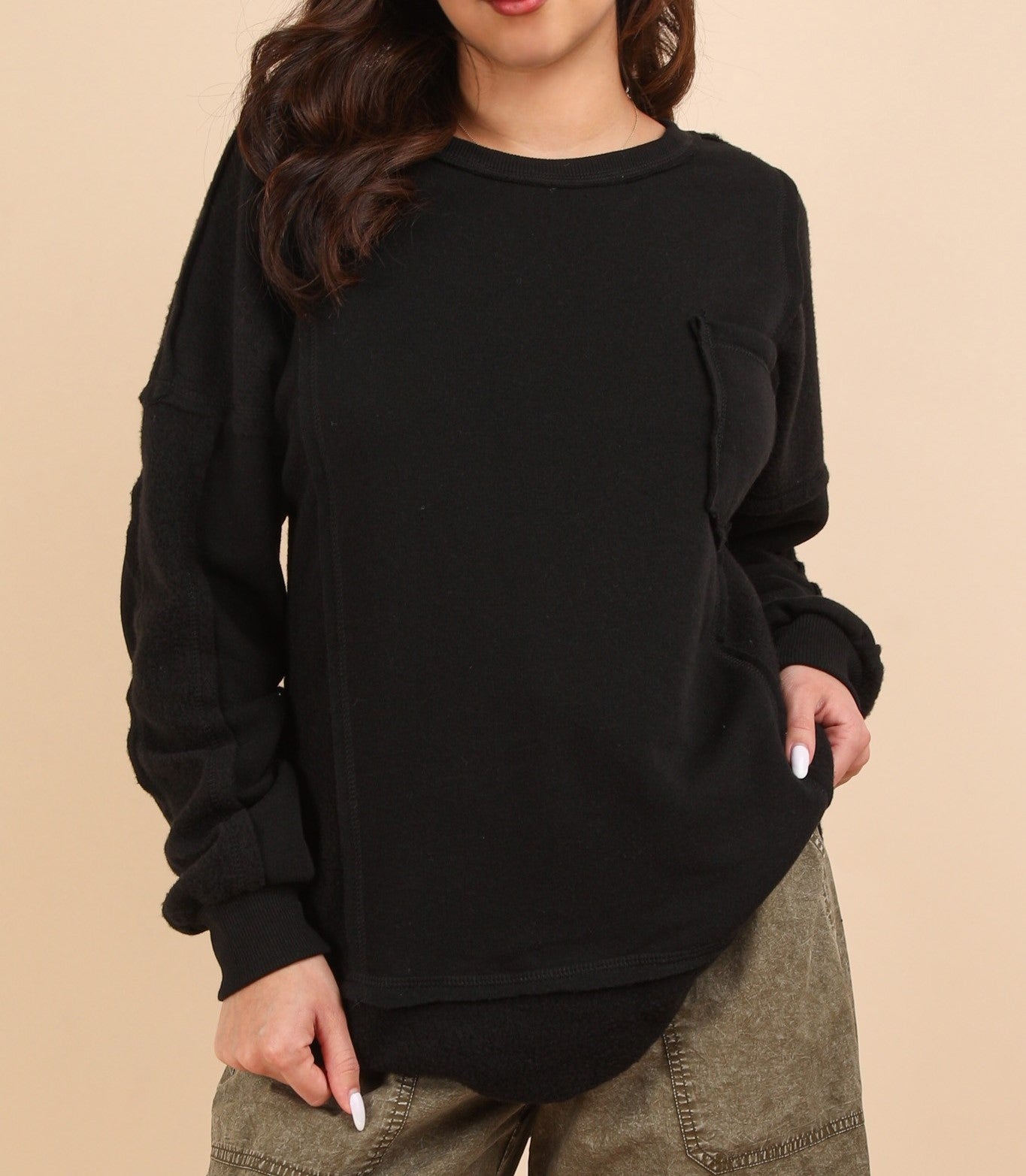 Black Contrast French Terry Knit Oversized Casual Top