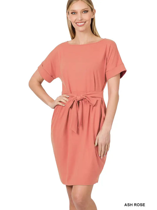 Brushed Waist Self Tie Dress with Pockets