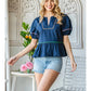 Blue Bubble Sleeve Peplum Top