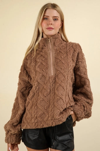 Fuzzy Fleece Cozy Cable Pattern Henley Top