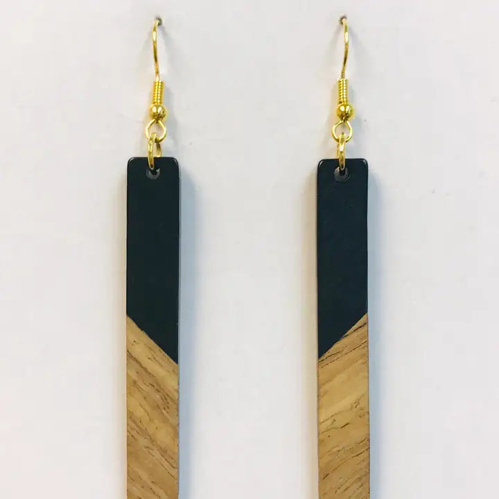 Black Resin Wood Bar Earrings