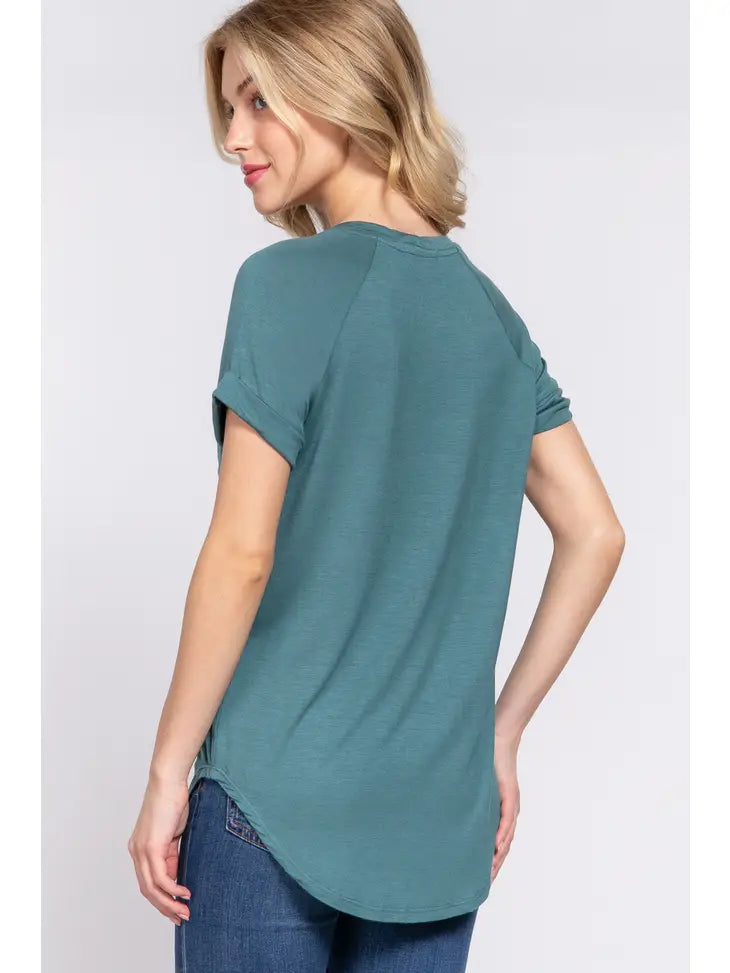 Short Sleeve Round Neck Top with Chest Pocket