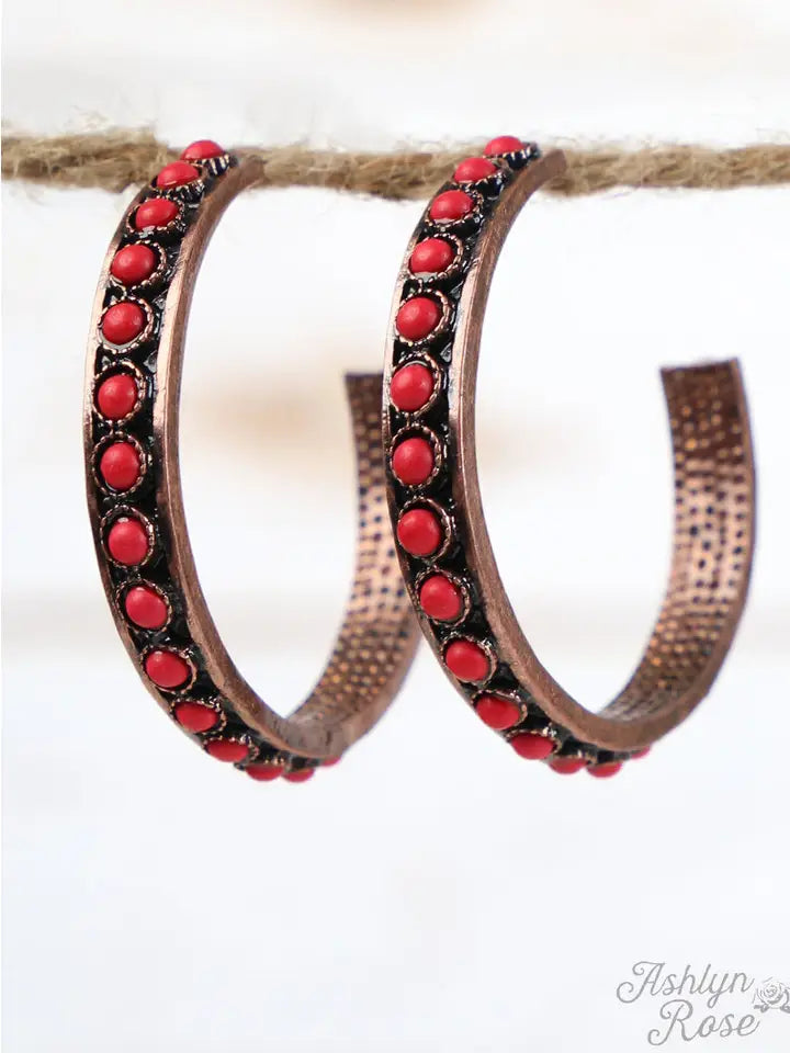 Red Stone Beaded Hoop Earrings, Copper