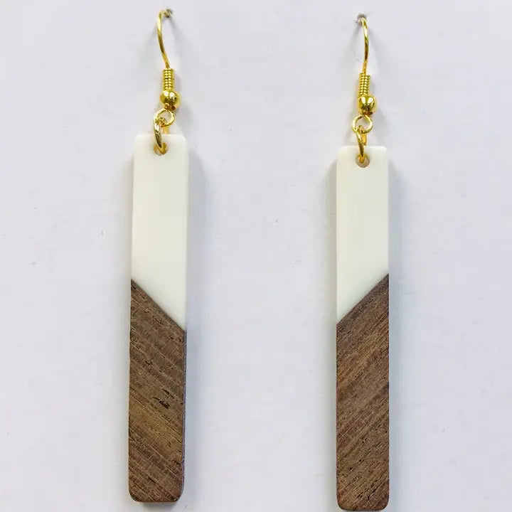 White Resin Bar Wood Earrings