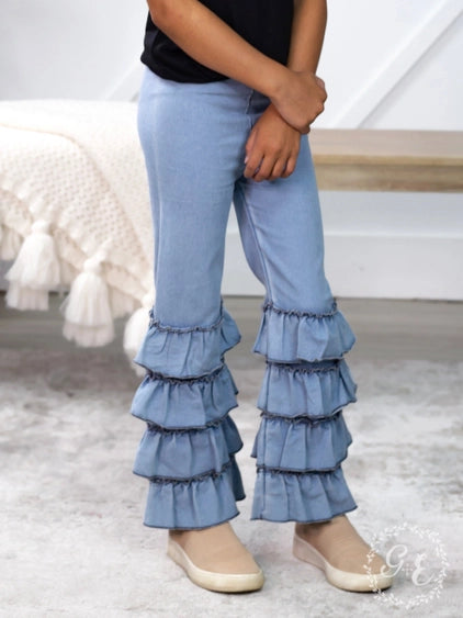 Girl's Denim Layered Flare Pants