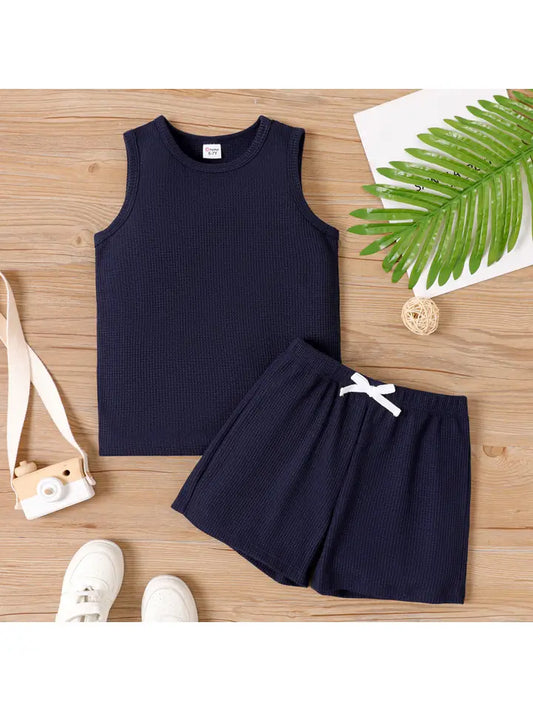 2pcs Solid Waffle Tank Top and Shorts Set