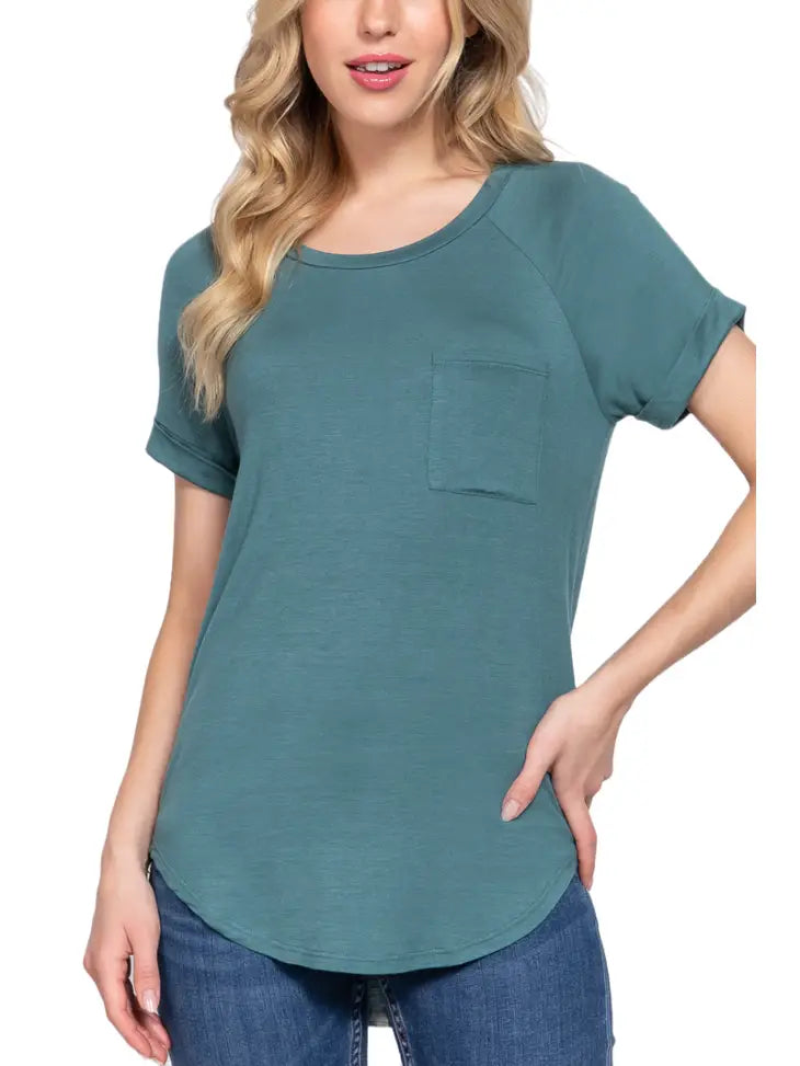 Short Sleeve Round Neck Top with Chest Pocket