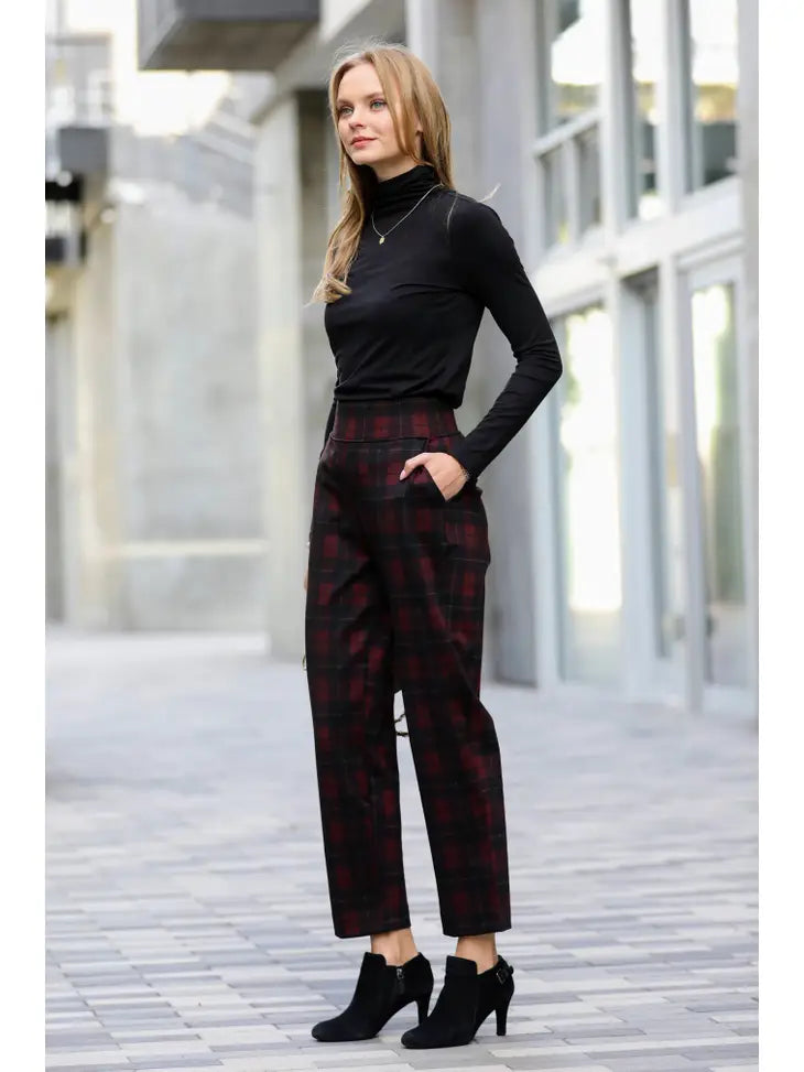 Burgundy Plaid Pull-On Stretch Dress Pants with Pockets