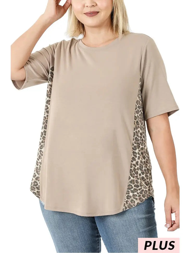 Contrast Side Panel Leopard Short Sleeve Top