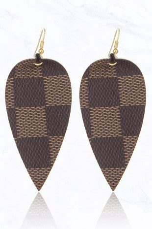 Brown Plaid Leather Earrings